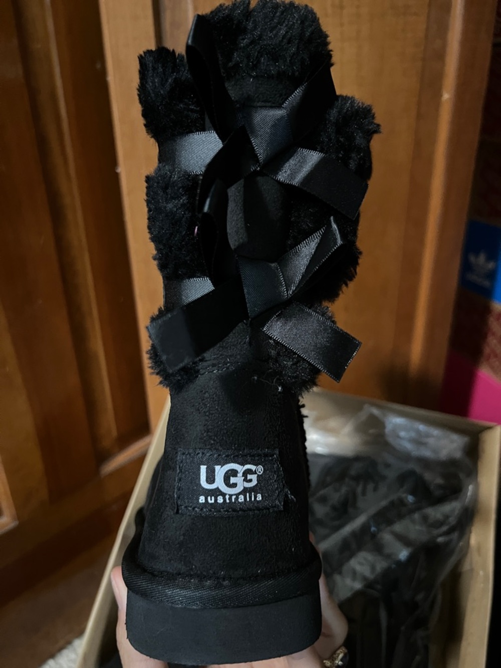 FAUX UGG Black Shearling Ribbon Back Bootie